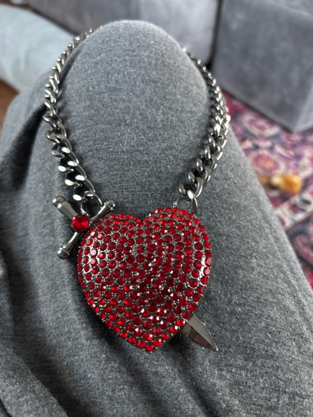 Betsey Johnson Red Crystal Heart & Dagger Necklace - Gunmetal Chunky Chain Goth